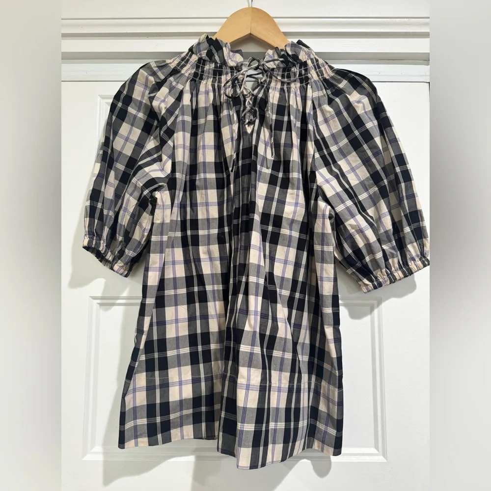 J.Crew Plaid Puff Sleeve Peasant Top Smocked Neck Cotton Blouse